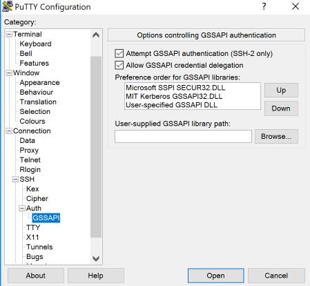 PuTTY example configuration panel showing GSSAPI settings